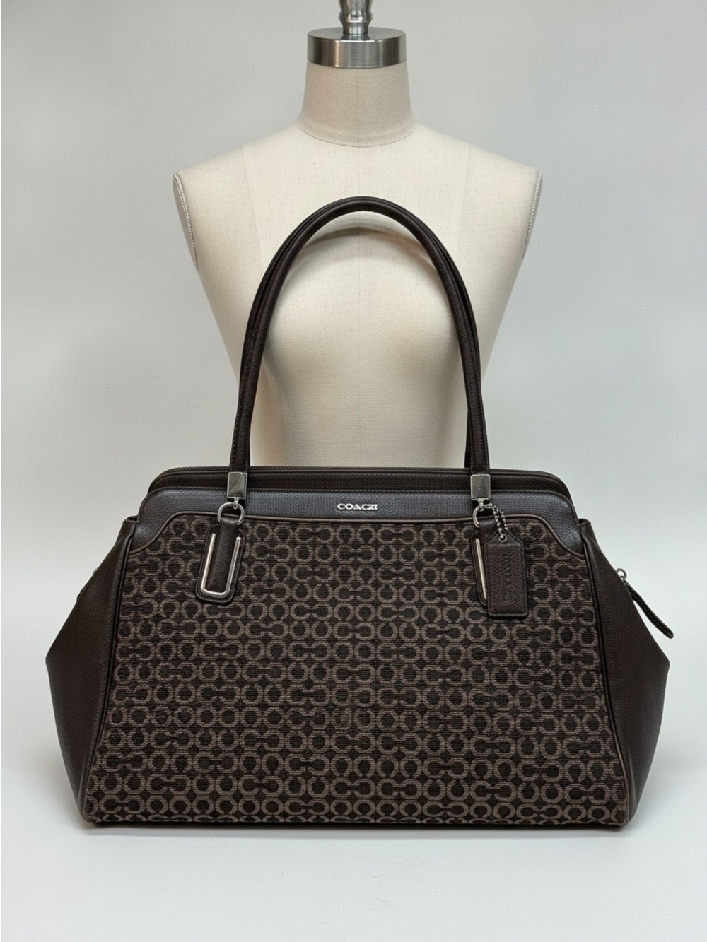 COACH Dark Brown Signature Jacquard Tote with Leather Trim